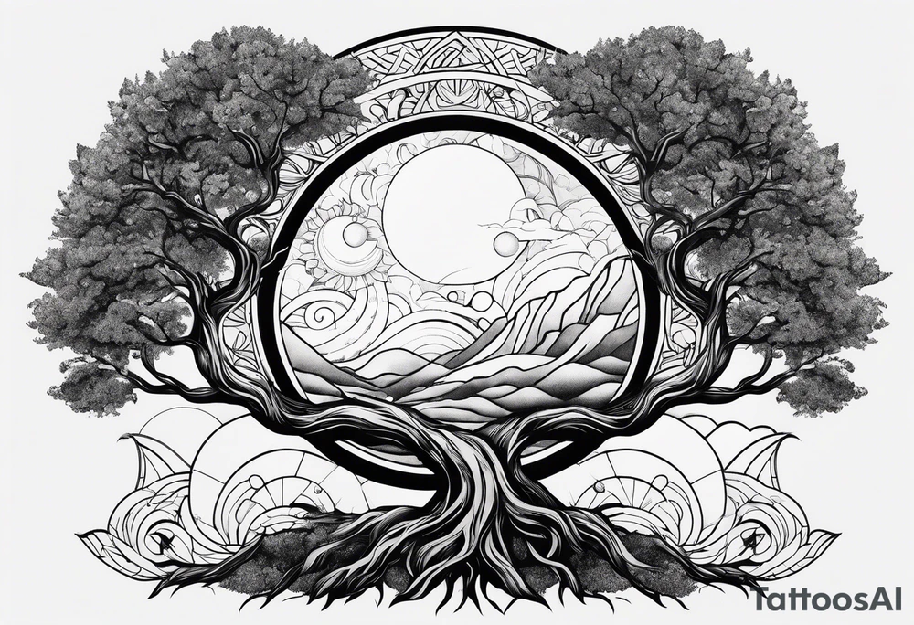 Tree holding the sun and the moon tattoo idea