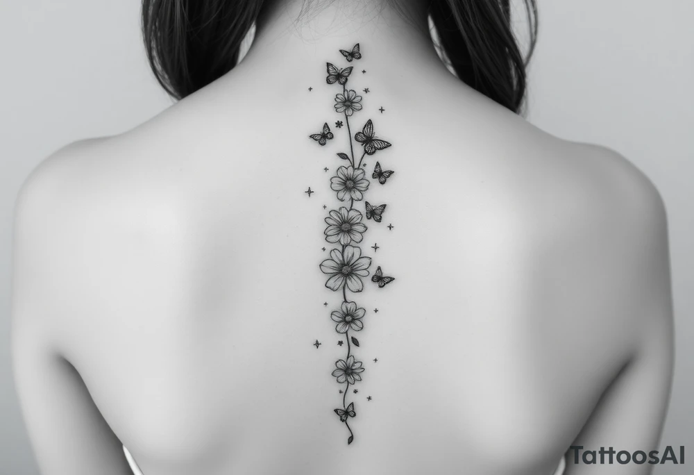 Flowers vertically down the spine surrounded by small butterflies and sparkles

Less flowers tattoo idea