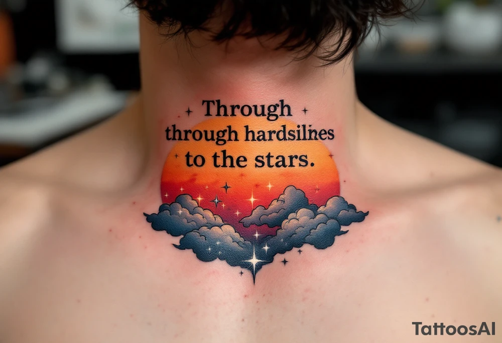 Inked in a burning gradient from red to orange, the quote “Through hardships to the stars” rises over storm clouds into twinkling silver stars. tattoo idea
