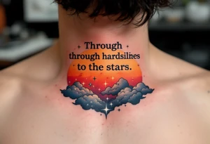 Inked in a burning gradient from red to orange, the quote “Through hardships to the stars” rises over storm clouds into twinkling silver stars. tattoo idea