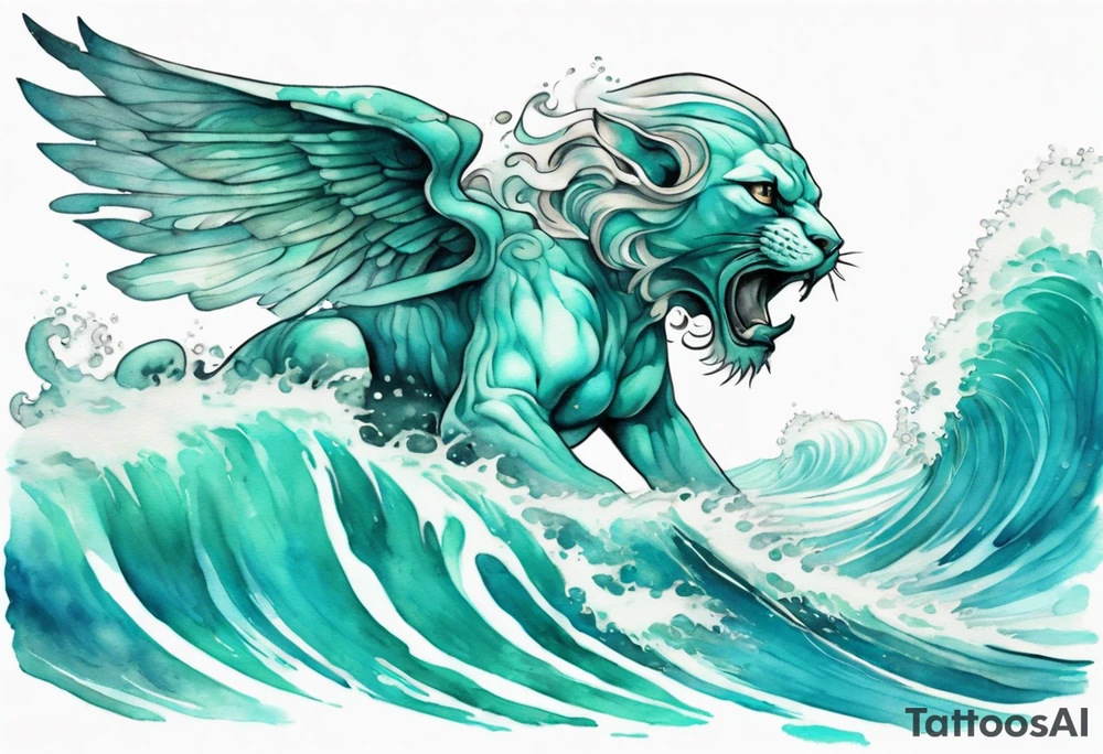a beautiful turquoise sphinx emerging from an ocean wave, crashing onto the shore tattoo idea