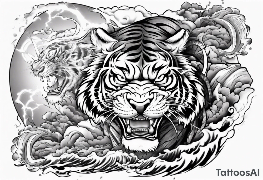 tiger warrior with lightning and the sun for a forearm sleeve tattoo idea