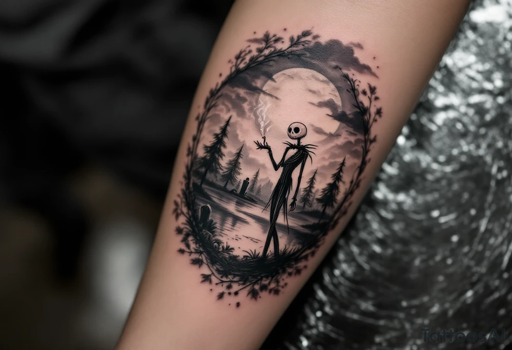 jack skellington smoking,christmas lights,trees,lake,grave,big clouds,moon tattoo idea