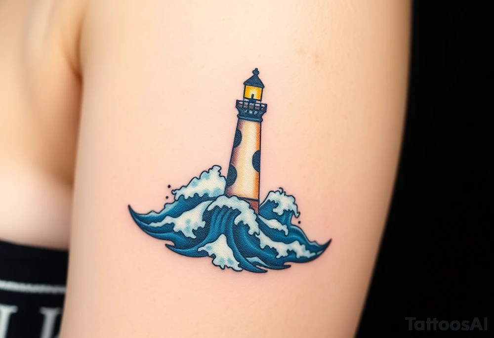 A calm, glowing lighthouse in soft whites and yellows, lighting up the dark ocean waves, contrasted against a violent, stormy sea, swirling with dark, foamy waves in black and dark blue, symbolizing safety and destruction in a single moment tattoo idea