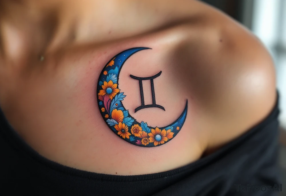 A crescent moon with a Gemini symbol in the center, accented with oranges, blues, and whites. tattoo idea