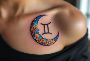 A crescent moon with a Gemini symbol in the center, accented with oranges, blues, and whites. tattoo idea
