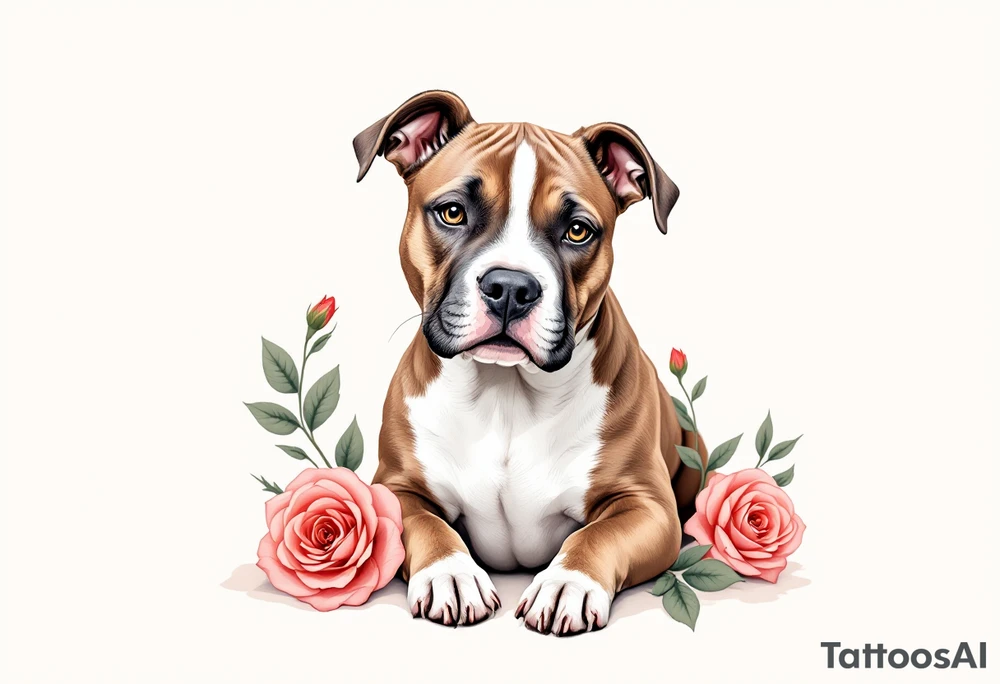 Brown and white pitbull with kind eyes, sitting calmly, surrounded by roses in muted red and soft green leaves, gentle realism. tattoo idea