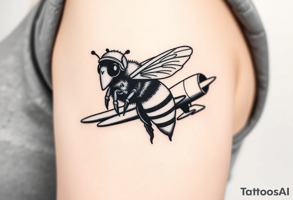 bee with a pilots hat flying next to a jet plane tattoo idea