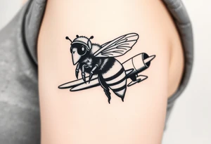 bee with a pilots hat flying next to a jet plane tattoo idea