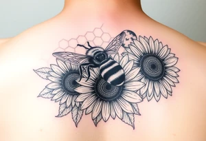 Honeybee and sunflowers with a honey comb background tattoo idea