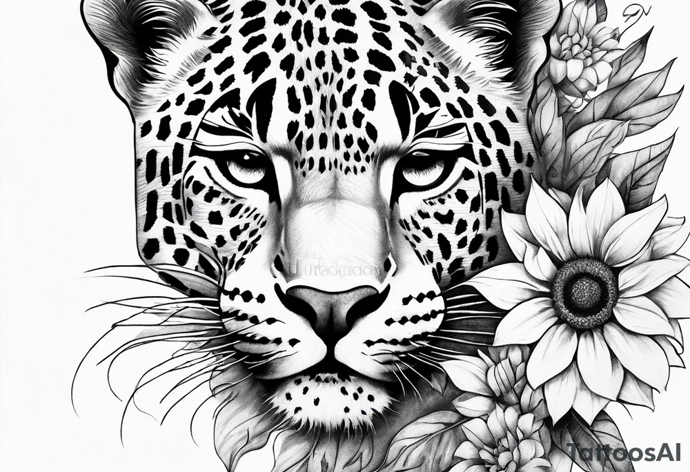 Leopard print thigh tattoo with sunflowers tattoo idea