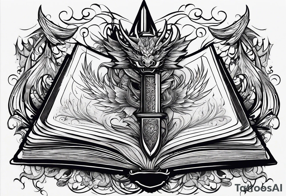 an empty open book with a sword through it, dragonwings and sparks surrounding the book. small design tattoo idea