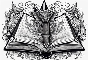 an empty open book with a sword through it, dragonwings and sparks surrounding the book. small design tattoo idea