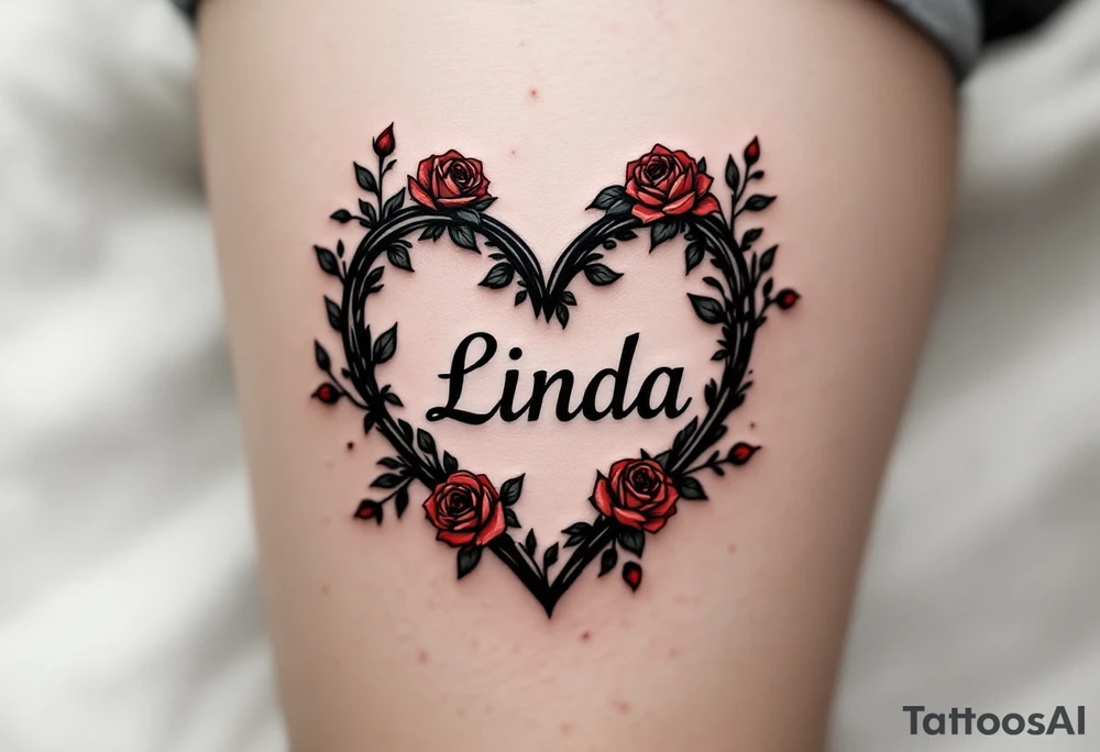 A vintage heart with bold black outlines, with name "Linda" in a traditional font, surrounded by small red roses and green leaves for a timeless look. tattoo idea