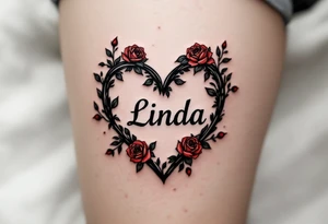 A vintage heart with bold black outlines, with name "Linda" in a traditional font, surrounded by small red roses and green leaves for a timeless look. tattoo idea