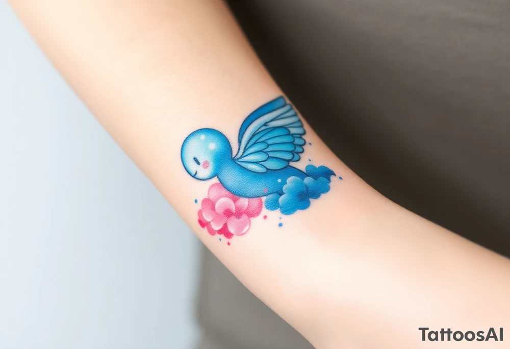 Winged baby, blue and pink watercolor, clouds tattoo idea