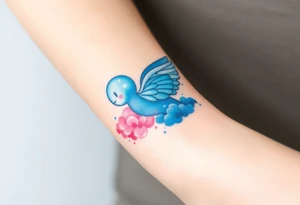 Winged baby, blue and pink watercolor, clouds tattoo idea