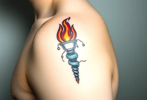 A blazing torch the handle wrapped in water, with intense red, blue, and gold hues. tattoo idea