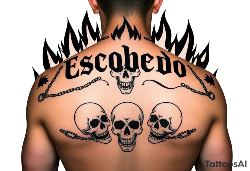 In the style of emo-gothic punk, a full upper back tattoo with the name 'Escobedo' in bold across the shoulders, untouched by surrounding elements. Black flame outlines rise behind the name, symmetrical and sharp, with no shading or grayscale. Chains loop through flame gaps in clean, flowing black lines. Cracked skull on the left shoulder blade, snarling skull in the center spine area, screaming or laughing skull on the right shoulder blade—each with Aztec or Chicano-style forehead patterns. All linework only, no color, stencil-ready, forming a halo of fire, death, tattoo idea