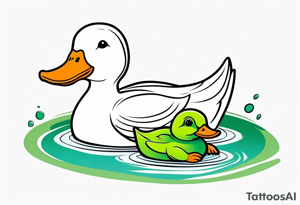 A white Duck with orange feet and a green toad playing together in a pond tattoo idea