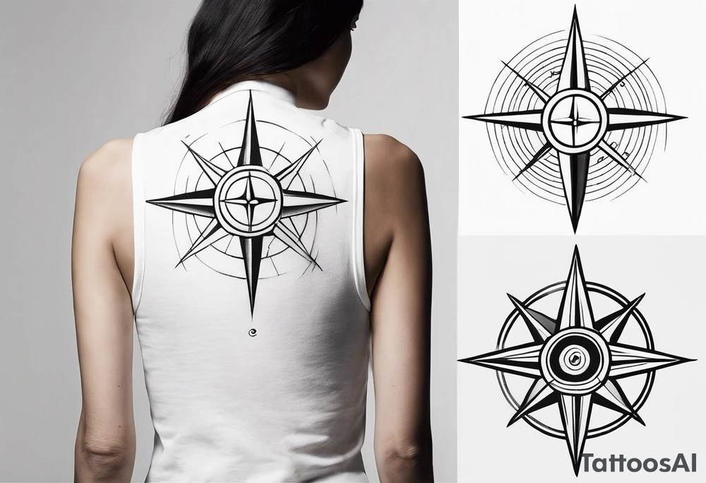 Tattoo along spine Compass with wAVES on mid back female elongated with birds above tattoo idea