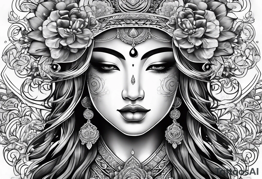 Hippy Buddhist feminine large tattoo idea