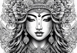 Hippy Buddhist feminine large tattoo idea