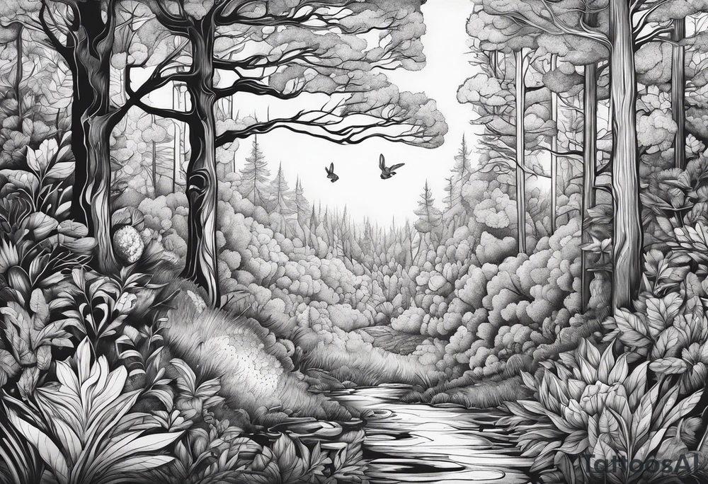 Dense forest with a rabbit between the trees tattoo idea