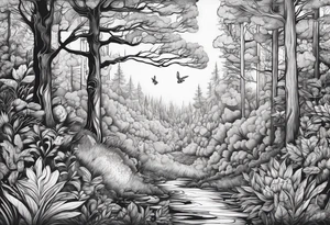 Dense forest with a rabbit between the trees tattoo idea