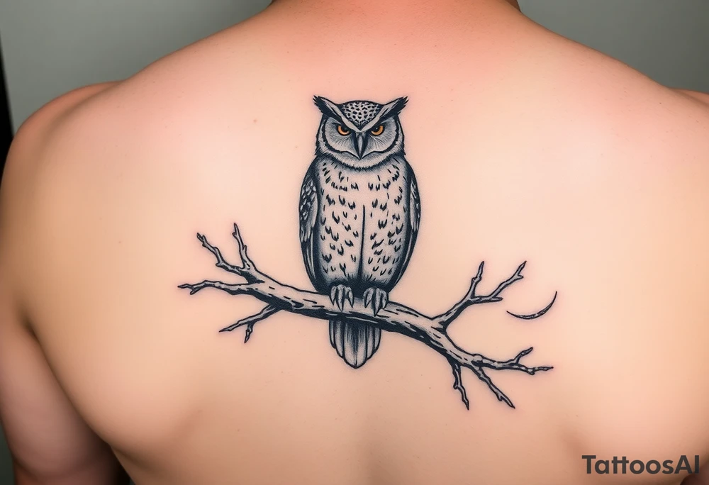 wise owl perched on ancient oak branch under starlit sky tattoo idea
