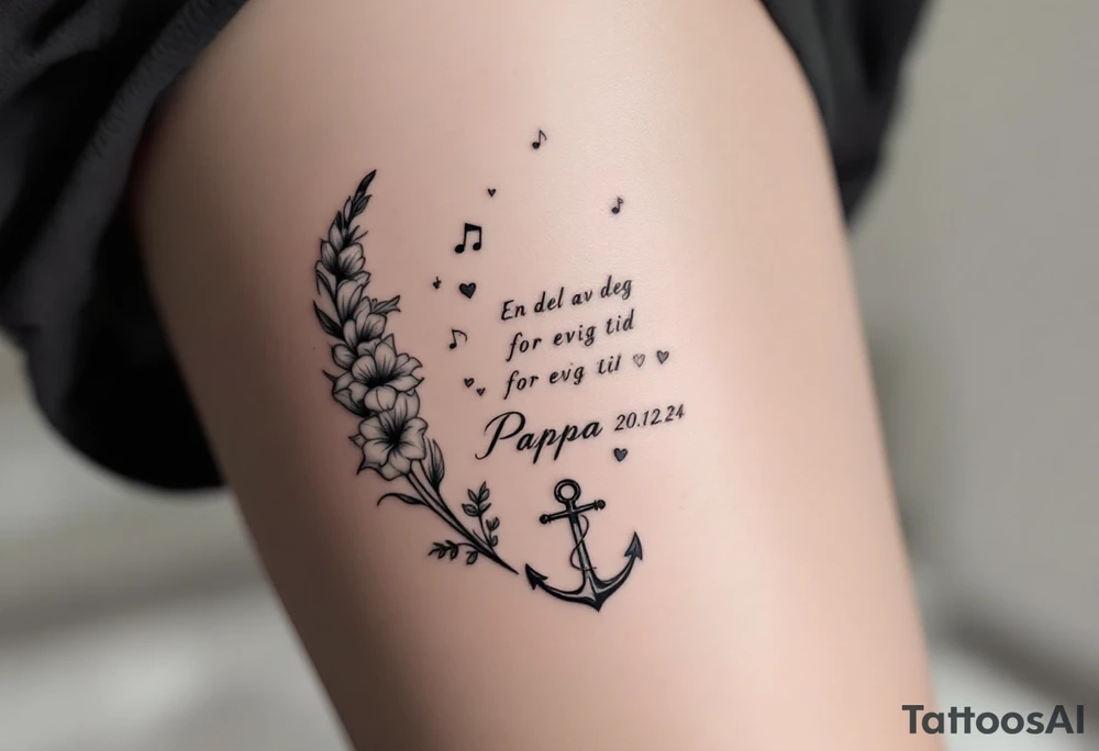 «En del av deg for evig tid
Pappa 20.12.24» Surrounded by long gladiolus, hearts, notes and an anchor tattoo idea