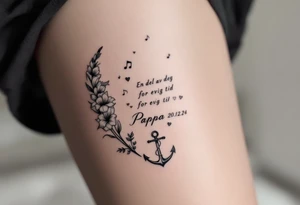 «En del av deg for evig tid
Pappa 20.12.24» Surrounded by long gladiolus, hearts, notes and an anchor tattoo idea