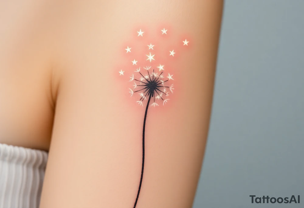 A dandelion releasing tiny seeds that turn into glowing stars, with a soft white and golden glow, symbolizing dreams and wishes for the child’s future. tattoo idea