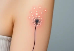 A dandelion releasing tiny seeds that turn into glowing stars, with a soft white and golden glow, symbolizing dreams and wishes for the child’s future. tattoo idea