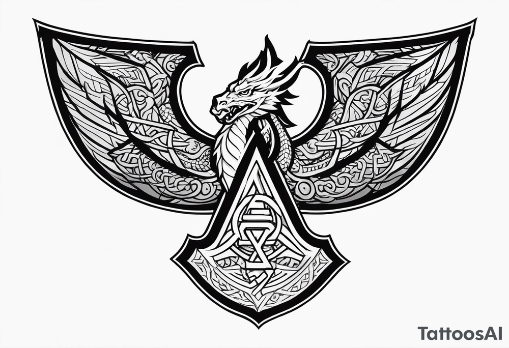 Valhalla sword shield dragon axe Valknut tattoo idea