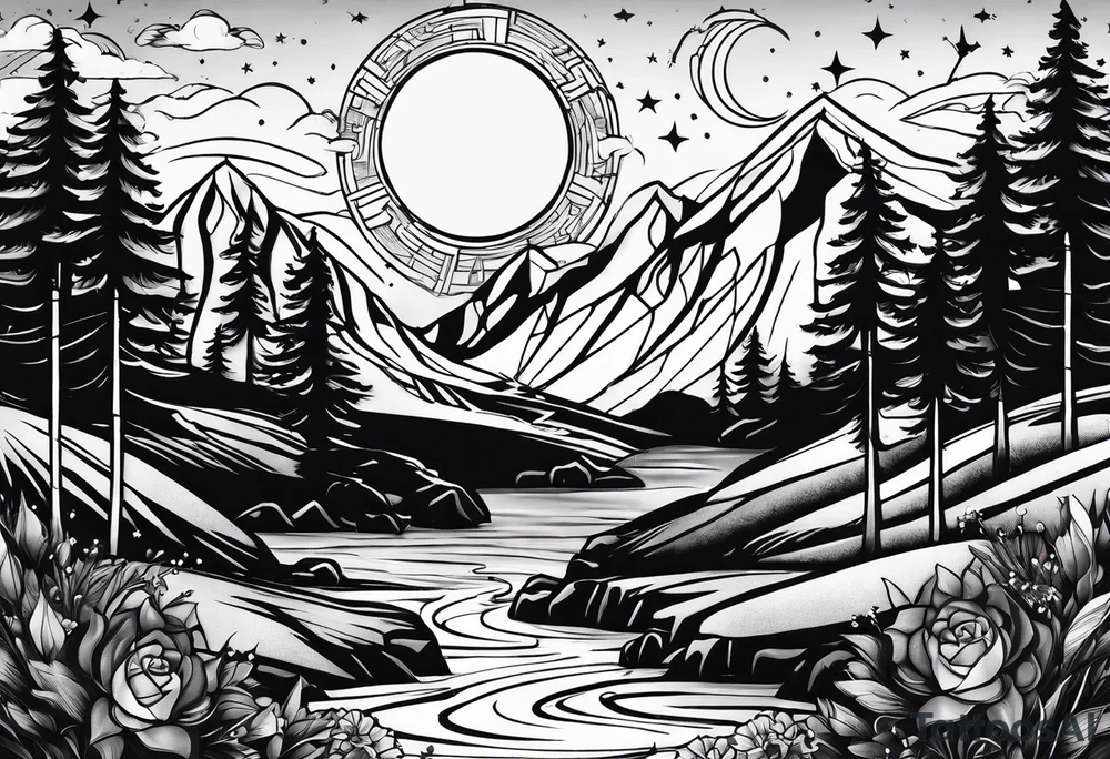 nature with mountains, waterfall, water, and a family of three in the background and and moon/sun in the sky with stars tattoo idea