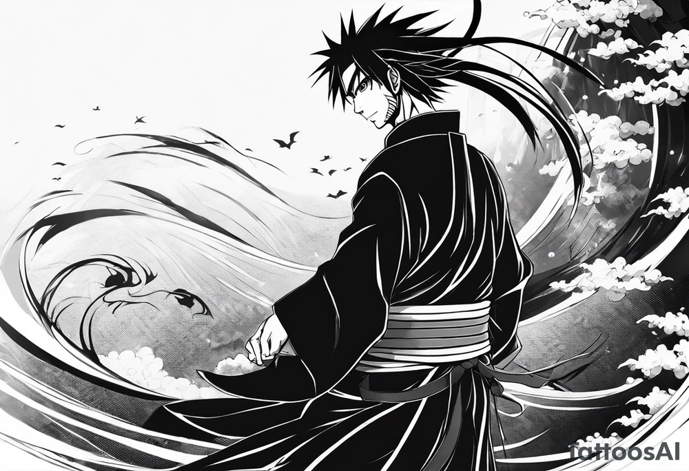 A Shinigame (reference - Shinigami from Naruto series) from the side, heading towards the upside. He should  hold beads in hands and tanto in his motuh tattoo idea