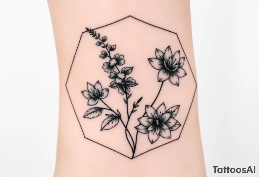 Hexagon Leo larkspurs and water lilies tattoo idea