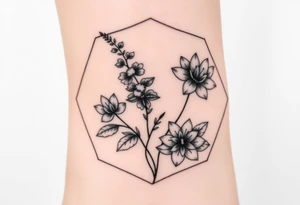 Hexagon Leo larkspurs and water lilies tattoo idea