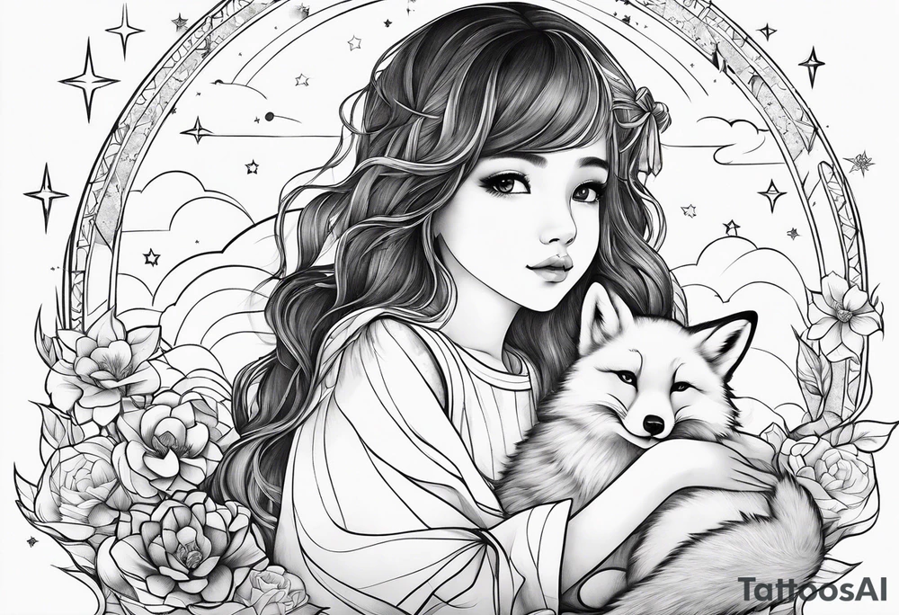little girl with a fox sit side by side on a cloud and look at the stars tattoo idea