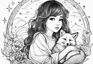 little girl with a fox sit side by side on  a cloud and look at the stars tattoo idea