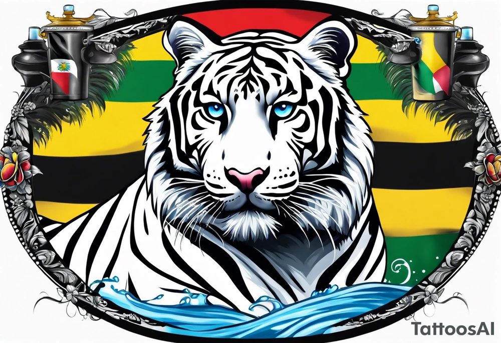 A white tiger and black tiger on opposite sides of a waterfall with an calligraphy ink container at the top and the Bahamian and Jamaican flag on opposite sides. tattoo idea