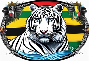 A white tiger and black tiger on opposite sides of a waterfall with an calligraphy ink container at the top and the Bahamian and Jamaican flag on opposite sides. tattoo idea