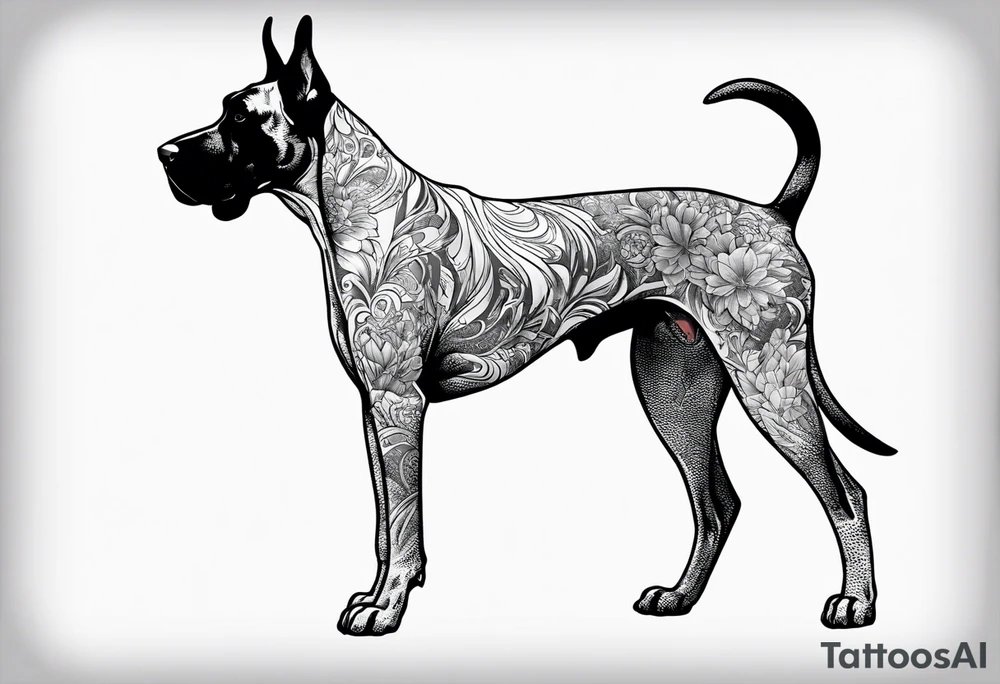 Arm sleeve for man- with floppy ear Great Dane standing fiercely chest up with outdoors fill work around tattoo idea