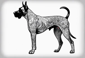 Arm sleeve for man-  with floppy ear Great Dane standing fiercely chest up with outdoors fill work around tattoo idea