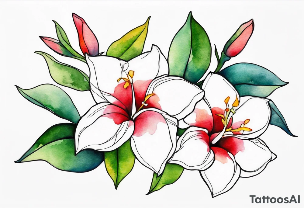 white background, abstract mandevilla flowers on a vine, part of it watercolor, part of it just line work tattoo idea