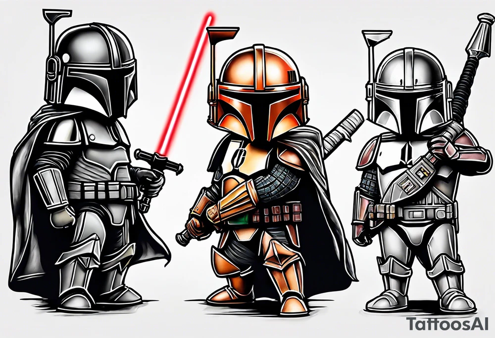 Grogu wearing mandalorian armor fighting Darth vader tattoo idea