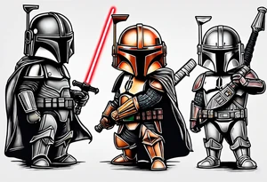 Grogu wearing mandalorian armor fighting Darth vader tattoo idea