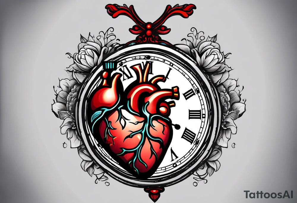 anatomical heart with clock in middle.
Clock hands on 8 and 5.
Never Say Never written on tattoo tattoo idea