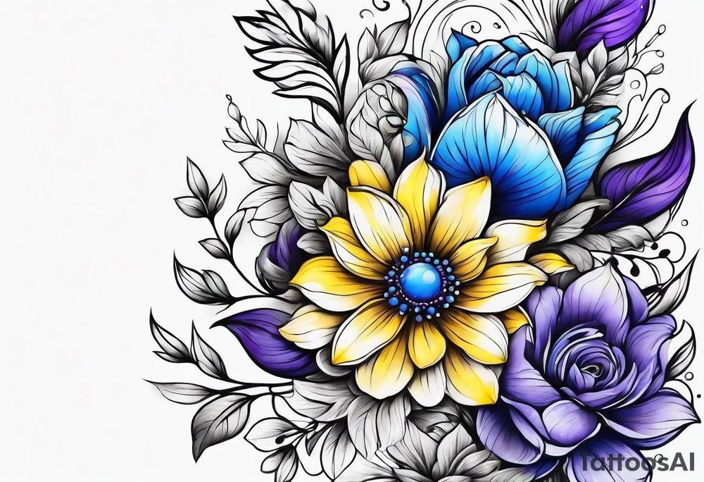 Blue yellow and purple flowers arm sleeve tattoo idea